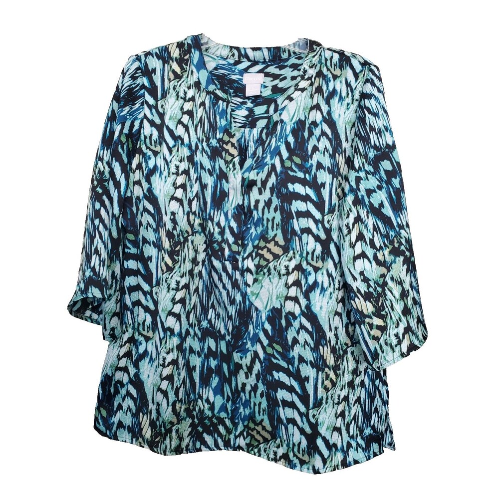 Chico's Abstract Print Textured 3/4 Sleeve Popover Blouse Size 2 Large